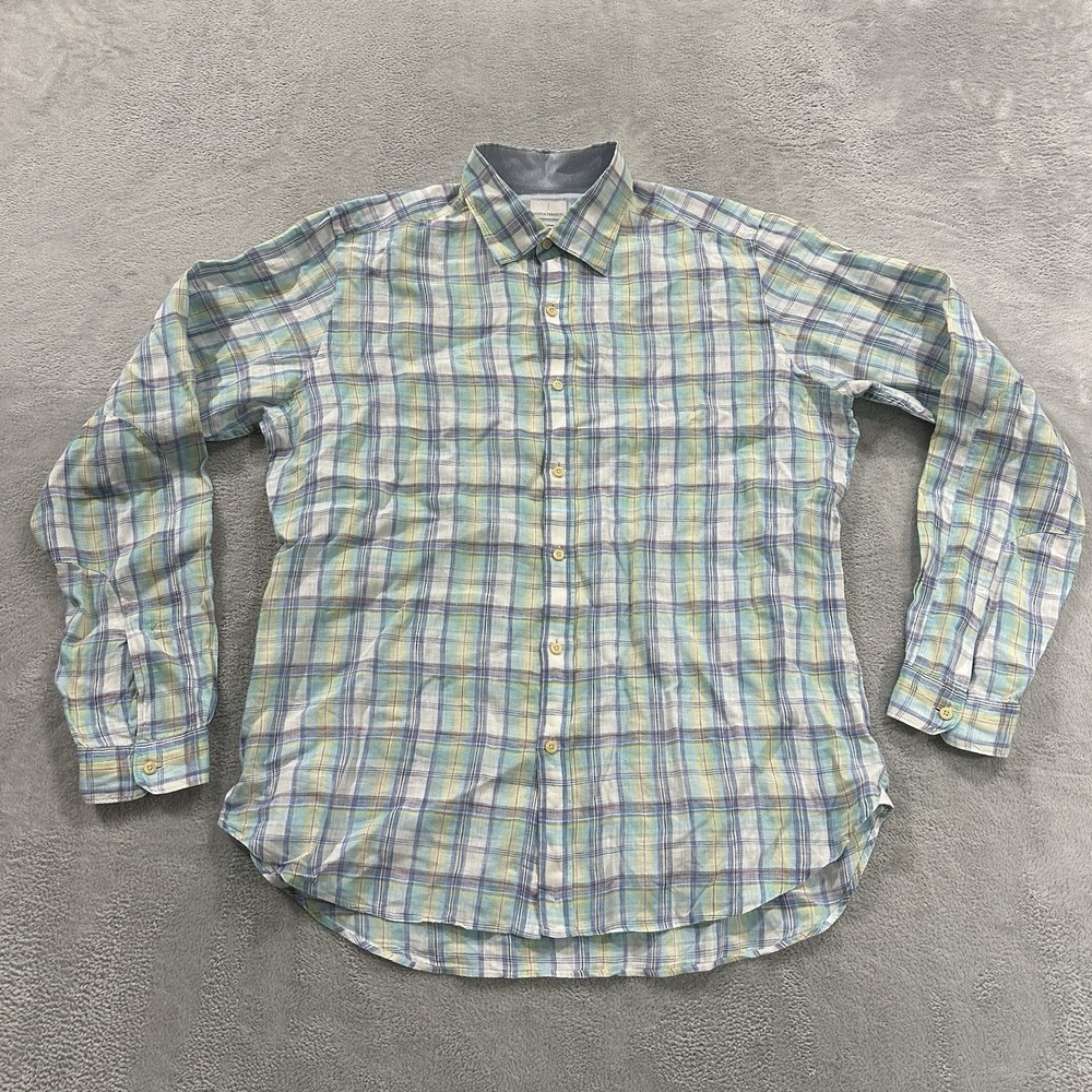 Mastai Ferretti 100% Linen Shirt Men's Large Plaid Flannel Pastel Button Blue